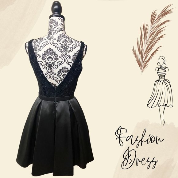 Black Plunging Flare Cocktail Dress - Size 4 - Picture 4 of 6